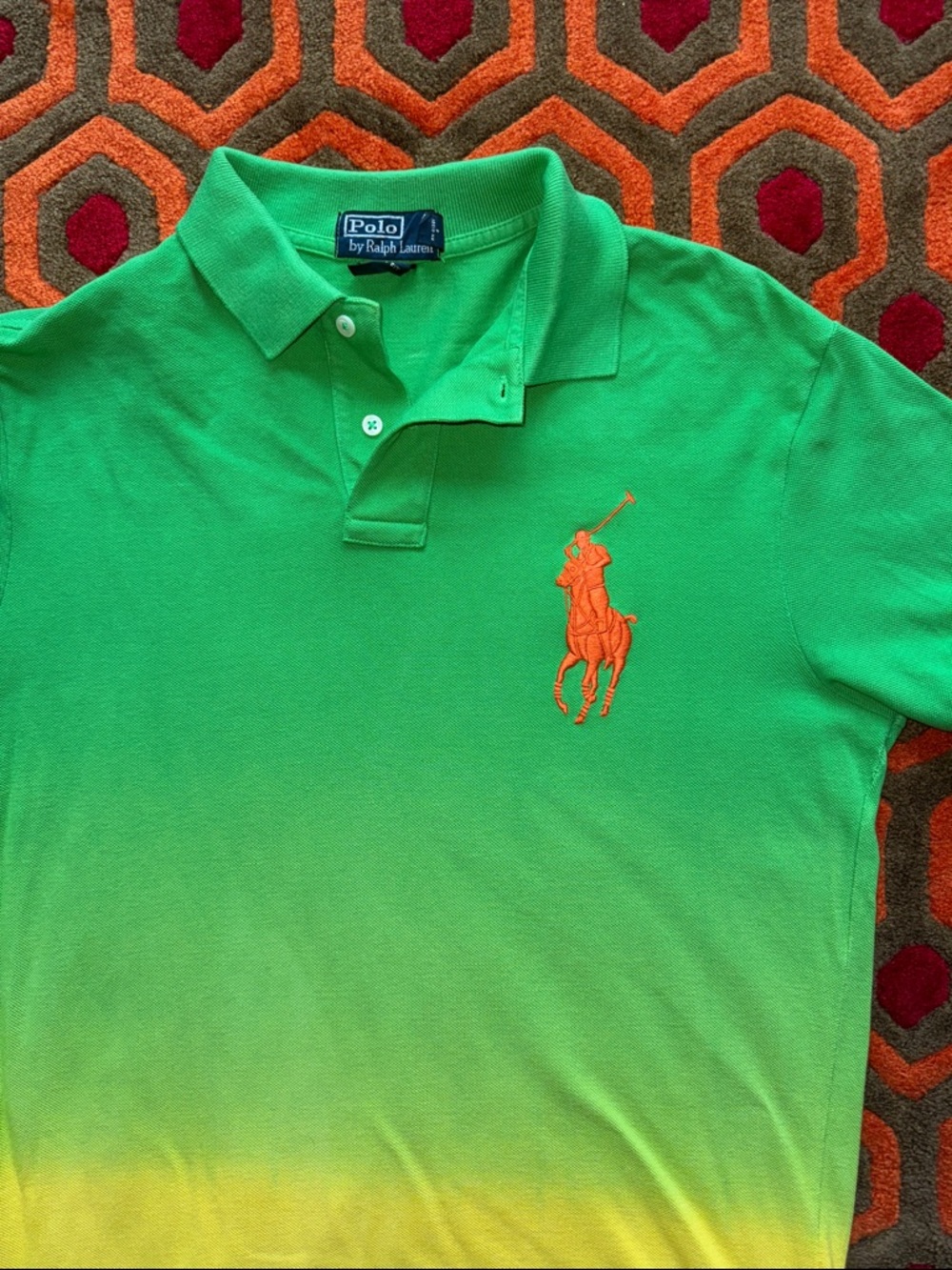 MAKE OFFER! Polo by Ralph Lauren Green to Yellow Ombre Polo Orange Pony MED - Picture 2 of 9